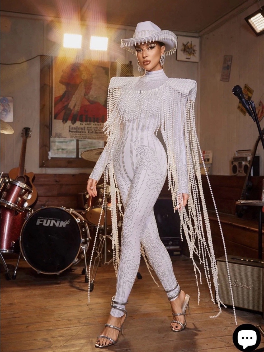 Mew Mews Pearl Crystal Bridal Bodysuit + Shoulder Cape & BRIDE Cowboy Hat NEW